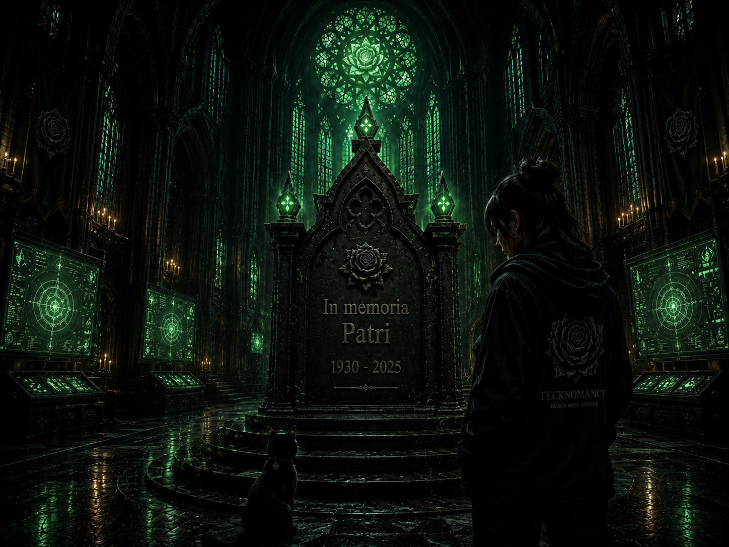 A dark cathedral chamber with a memorial grave, three green lights, TYRIS standing before it, side screens, and a small black cat keeping watch.