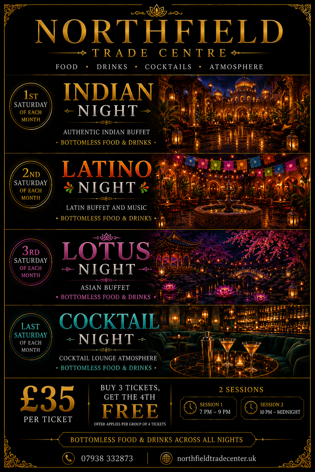 Northfield Trade Center Four Nights campaign overview for Indian, Latino, Lotus, and Cocktail nights