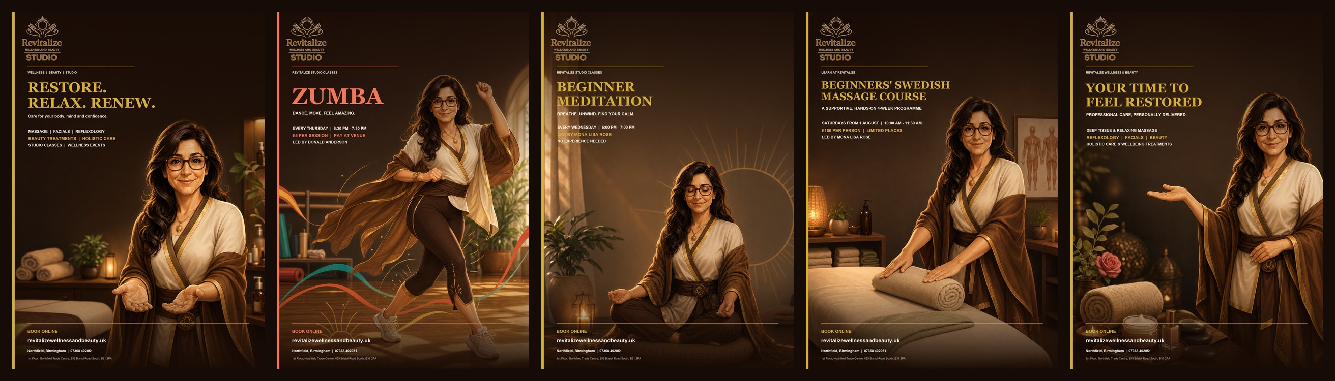 Five-piece Revitalize Wellness and Beauty campaign covering treatments, Zumba, meditation, massage training, and wellbeing